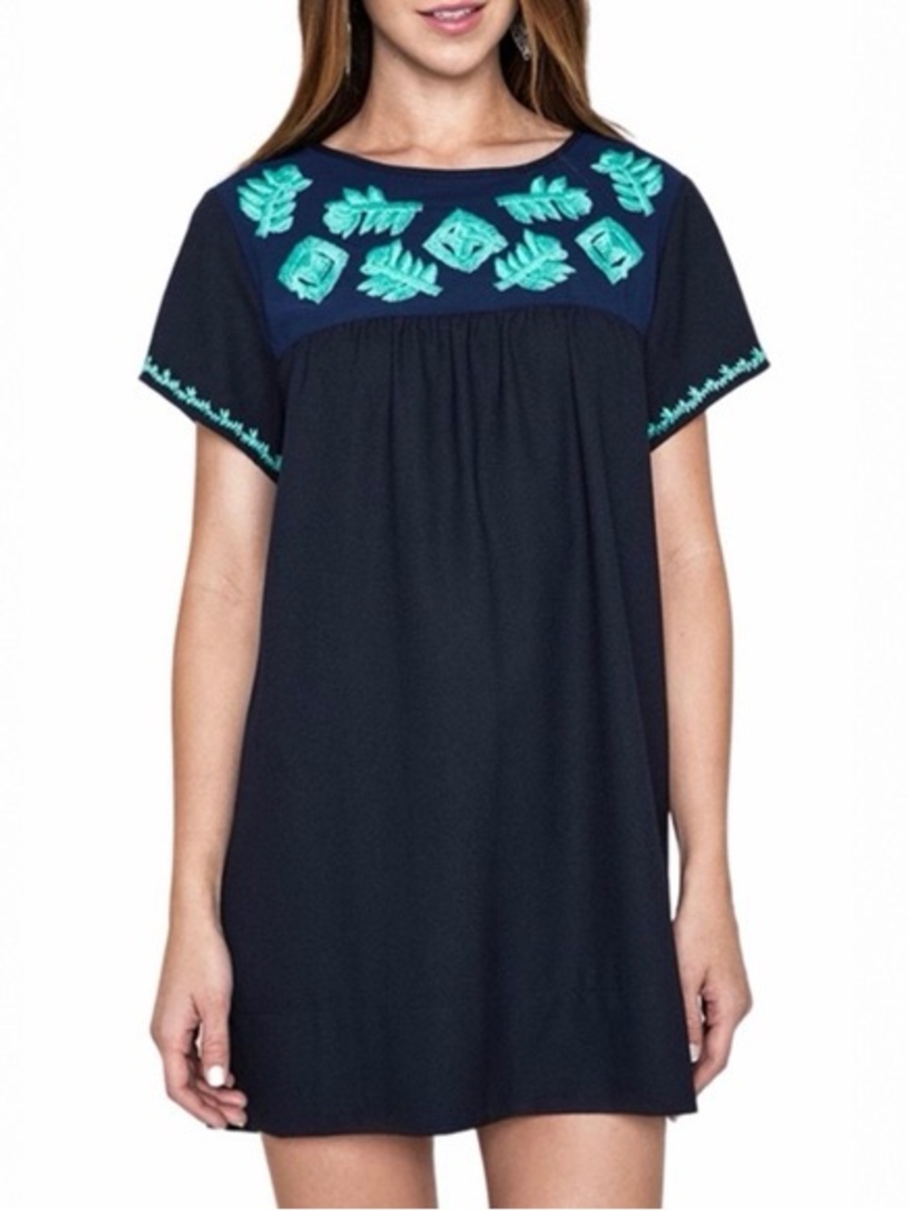 Umgee Navy Dress with Teal Embroidered Yoke